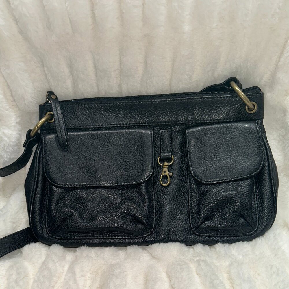 Vintage HOBO International Black Leather Hobo Bag w/ Double Front Pockets
